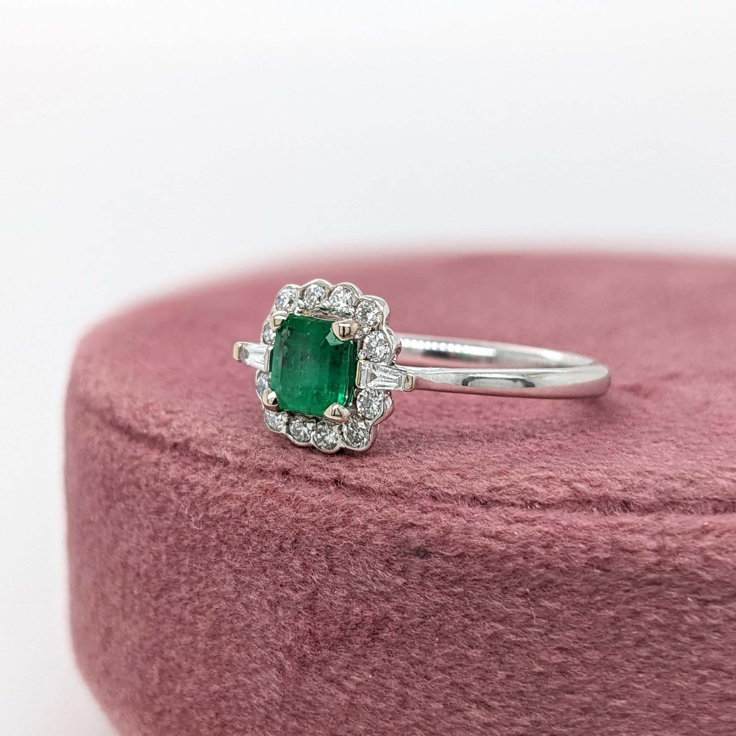 Modernist Emerald w Diamond Halo & Tapered Baguette Accents in 14K Gold Emerald Cut 5mm