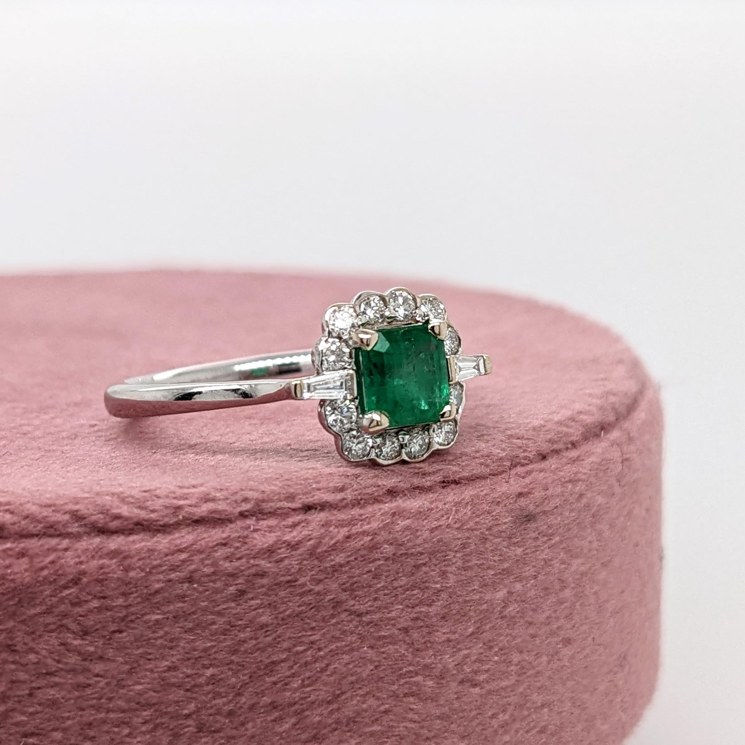 Emerald w Diamond Halo & Tapered Baguette Accents in 14K Gold Emerald Cut 5mm In New Condition In Columbus, OH