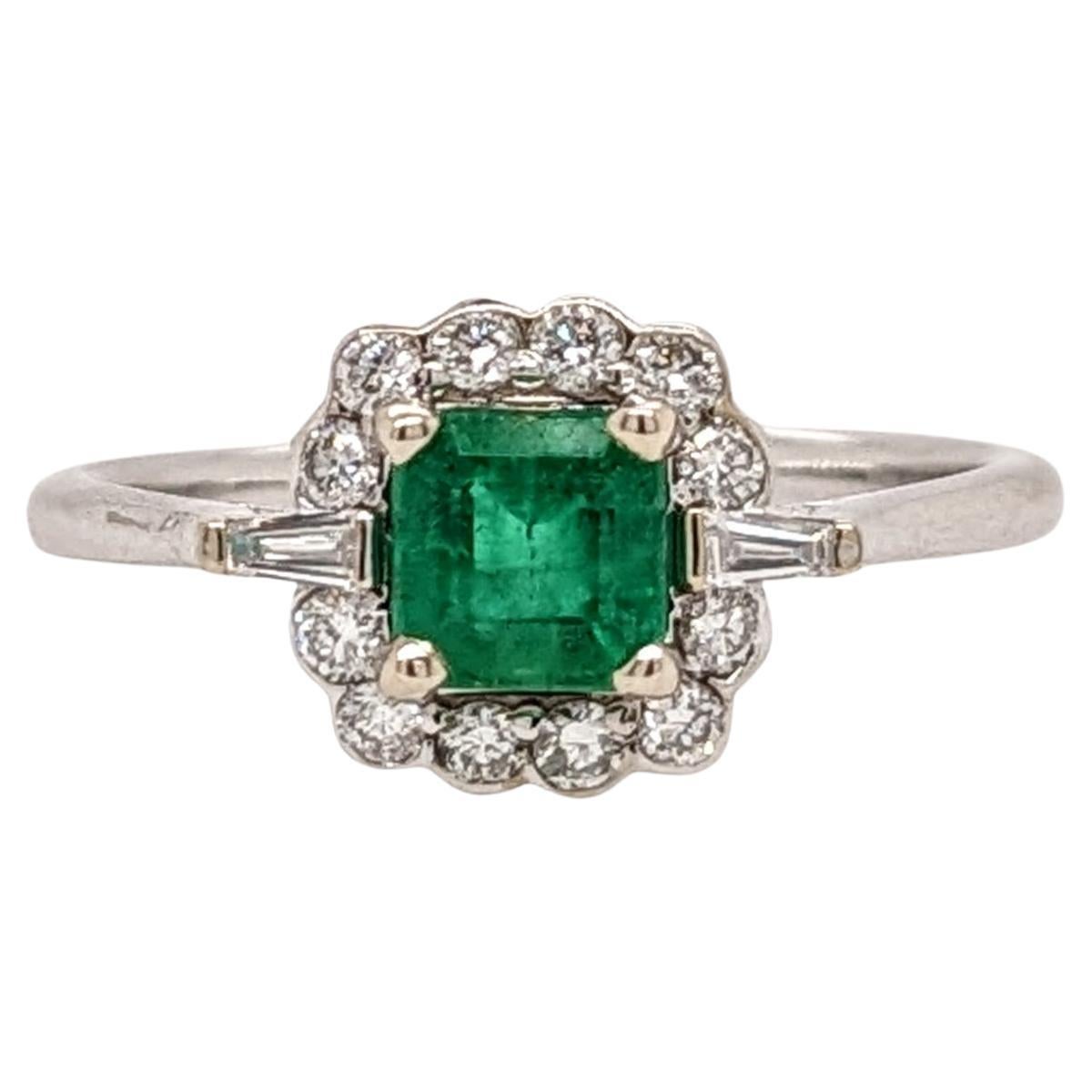 Emerald w Diamond Halo & Tapered Baguette Accents in 14K Gold Emerald Cut 5mm