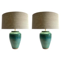 Emerald Washed Glaze Pair Tall Classic Ginger Jar Lamps, China, Contemporary