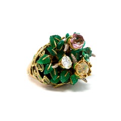 Emerald Water Opal Demantoid Garnet Pink Tourmaline Diamond 18 Karat Gold Ring