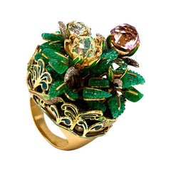 Emerald Water Opal Demantoid Garnet Pink Tourmaline Diamond 18 Karat Gold Ring