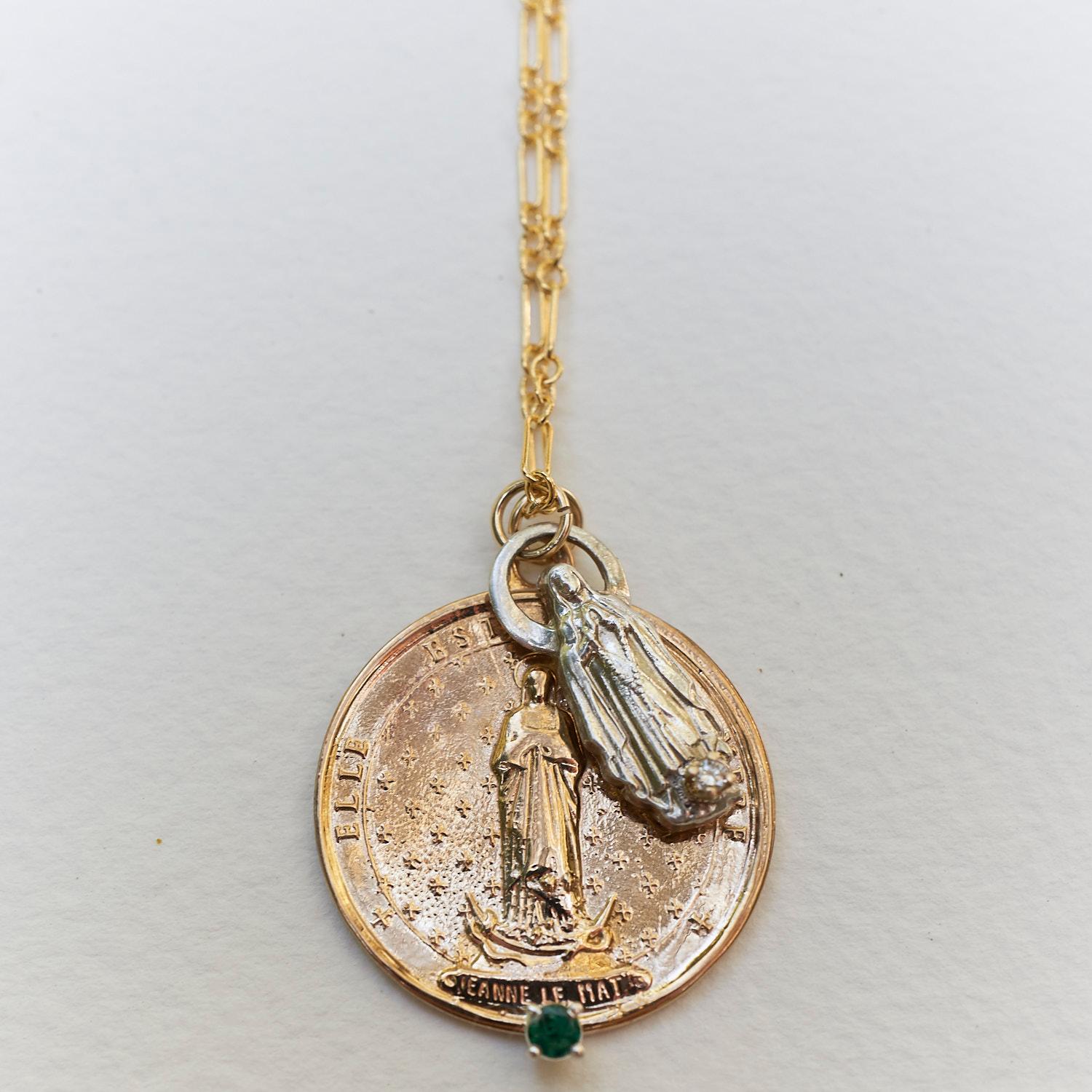 Emerald White Diamond Chunky Chain 24' Long Necklace Medals Silver Bronze J Dauphin 

French Spiritual Medal Pendant with Jeanne Le Mat in Bronze Embellished with a Green Emerald and combined with a solid Silver Pendant Virgin Mary Figurine with a