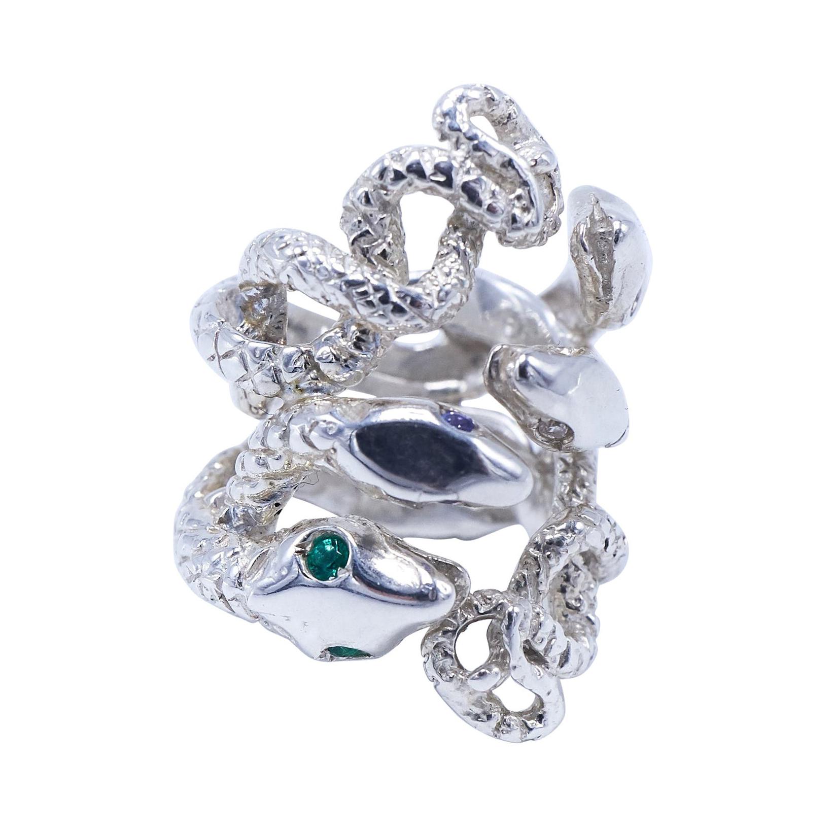  Emerald White Diamond Cocktail Statement Snake Silver Ring J Dauphin For Sale