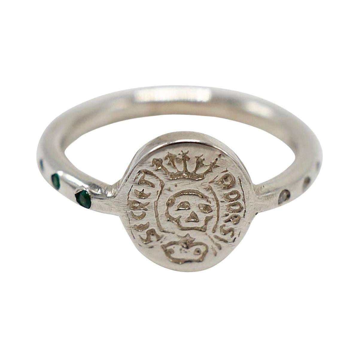 Emerald White Diamond Crest Signet  Ring Memento Mori Sterling Silver Skull 