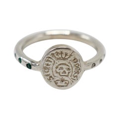 Emerald White Diamond Crest Signet Skull Ring Memento Mori Style Silver