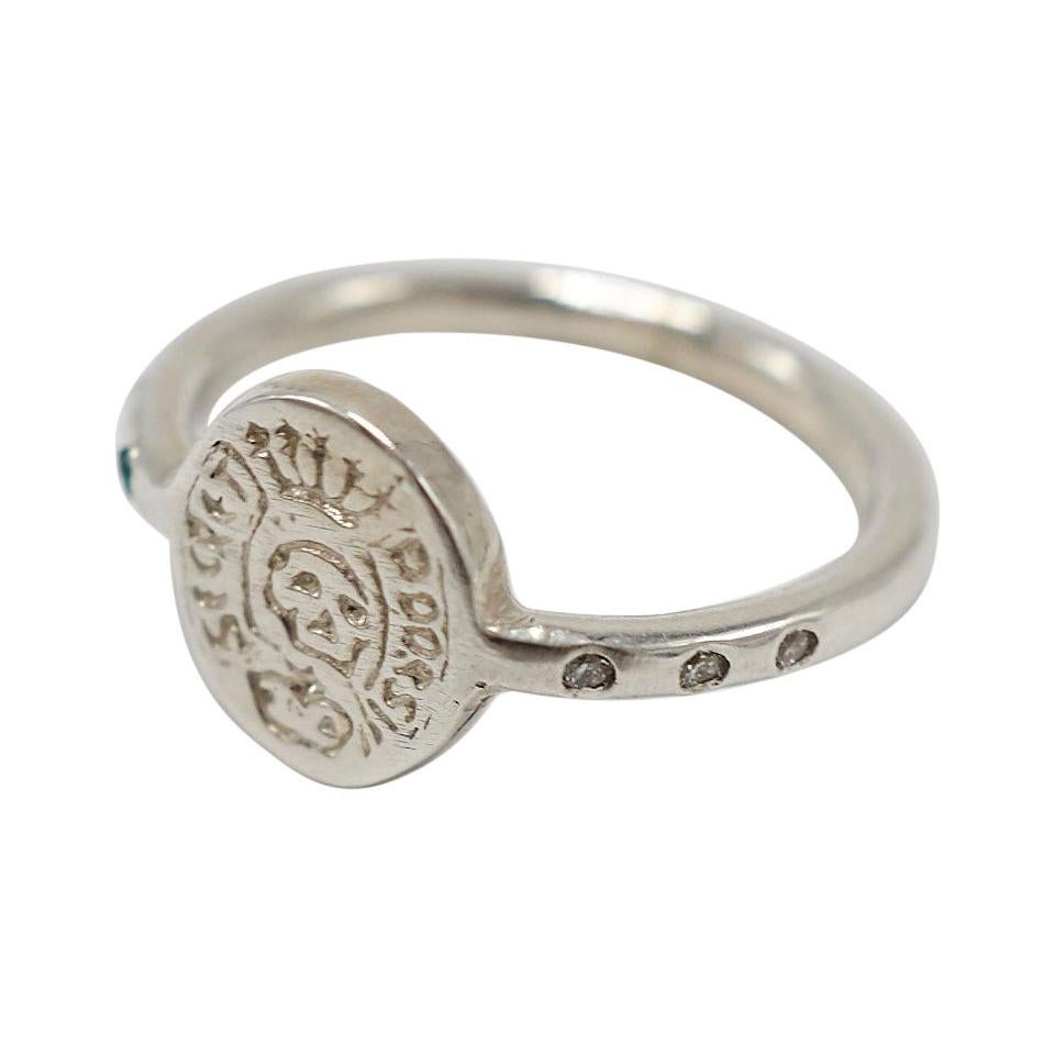 Smaragd Weiß Diamant Wappen Siegel Totenkopf Ring Memento Mori Stil Silber im Angebot