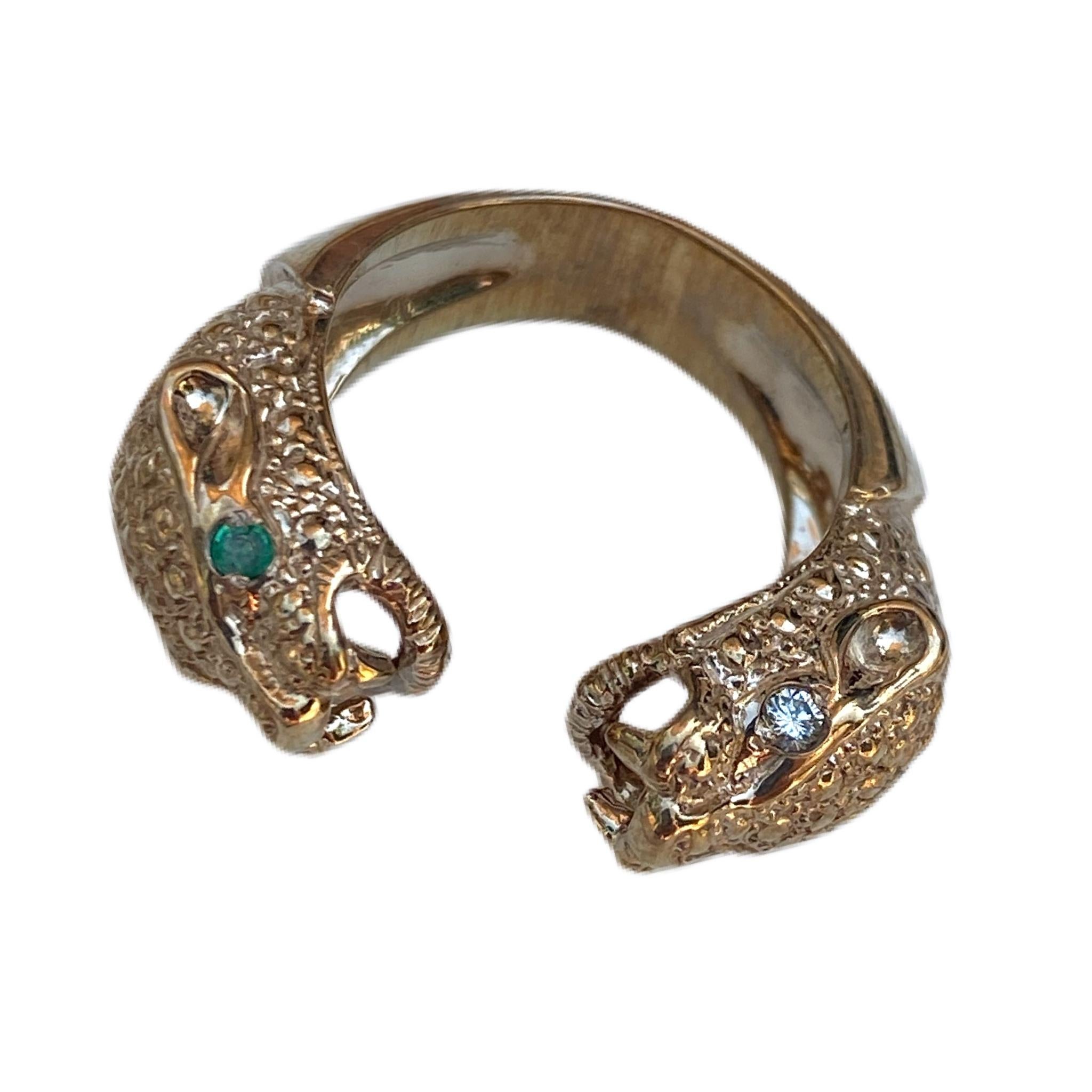 2 pcs Emerald 2 pcs White Diamond 14 k Gold Jaguar Ring  Animal Resizable J Dauphin
J DAUPHIN Ring 