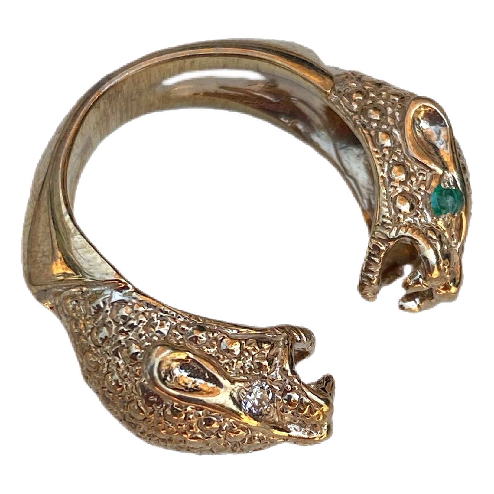 Emerald White Diamond Jaguar Ring Bronze Animal Resizable J Dauphin For Sale