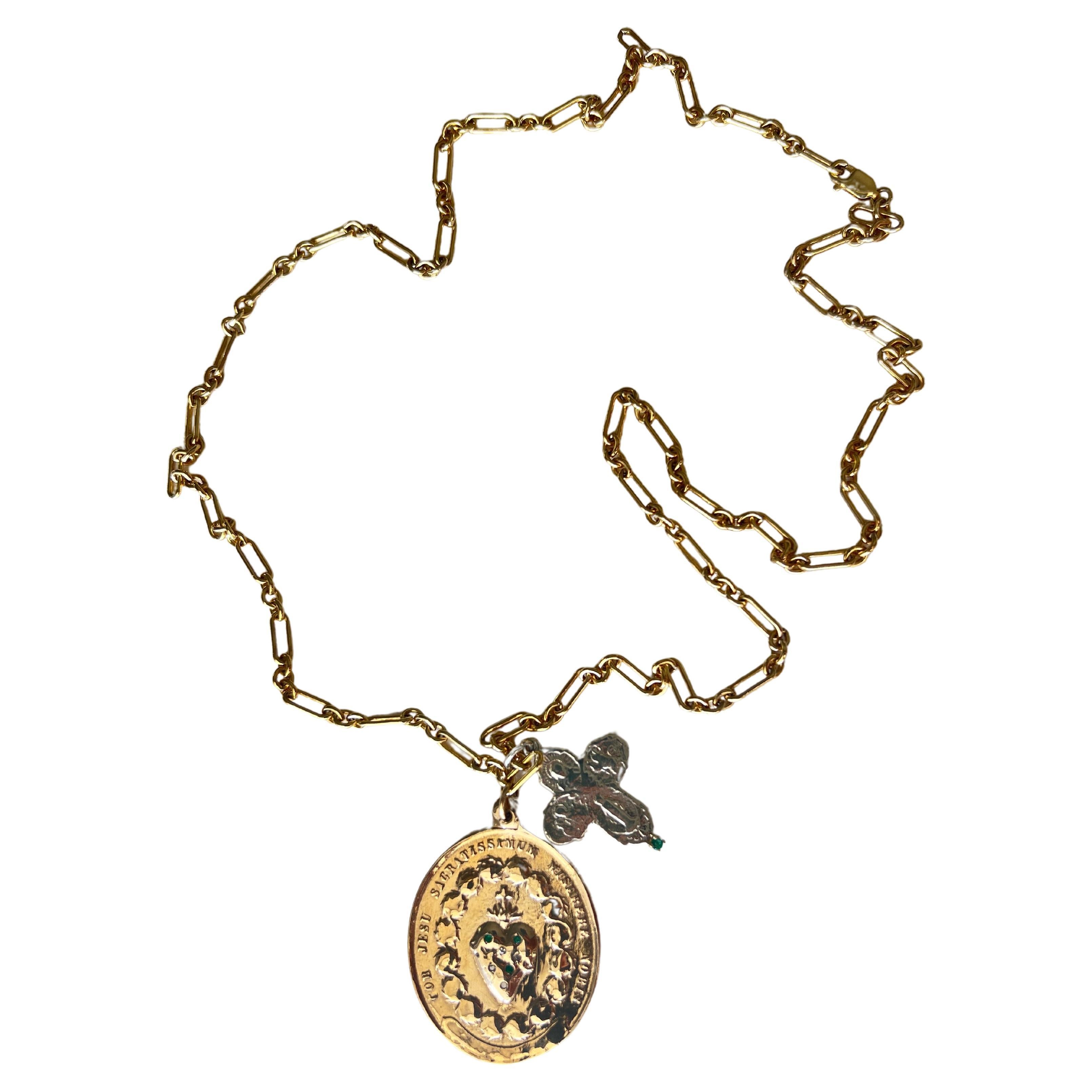 Smaragd Weiß Diamant Medaille Heiliges Herz Silber Kreuz Kette Halskette 

Länge: 28 