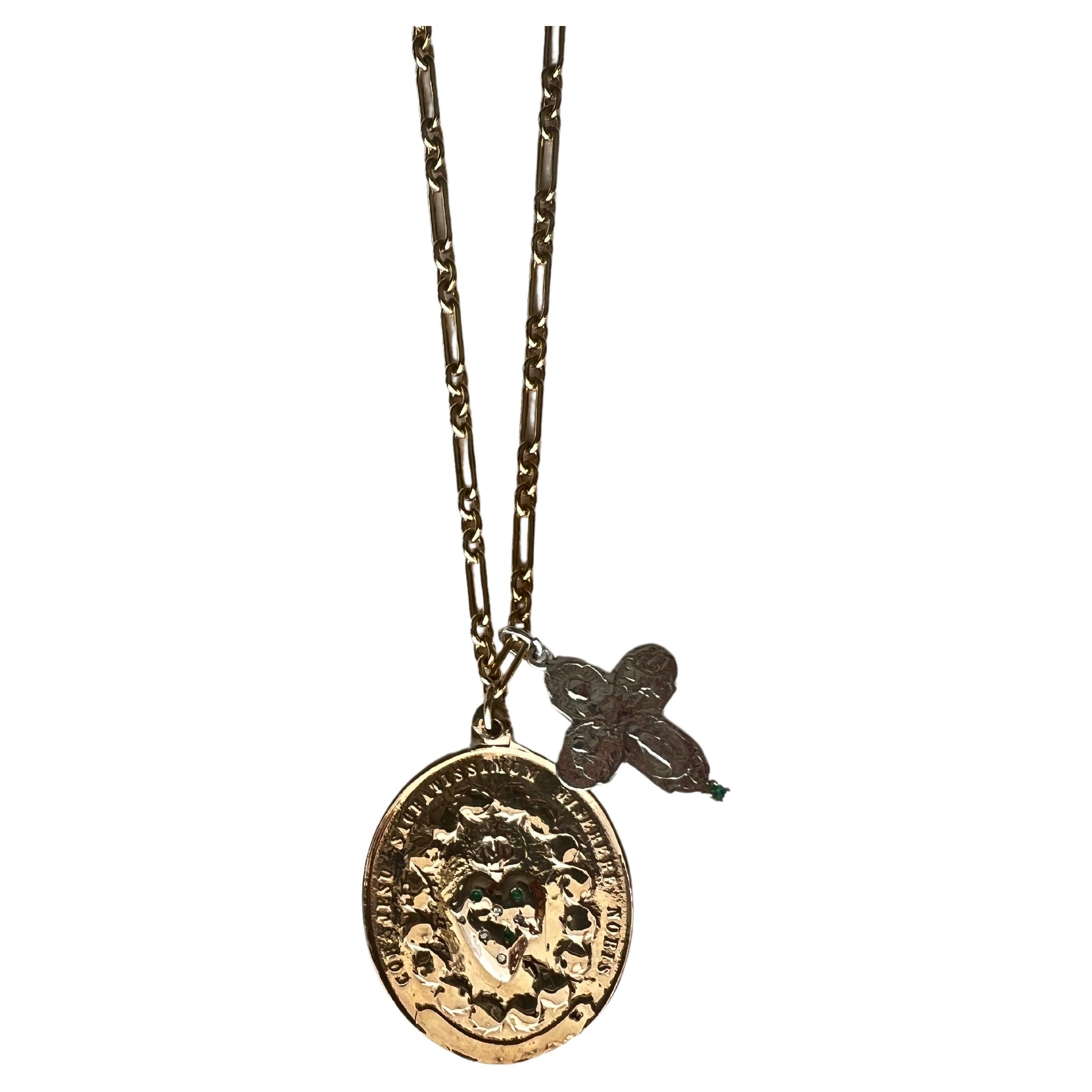 Halskette, Smaragd, weißer Diamant, Medaille, Heiliges Herz, Kreuz  (Viktorianisch) im Angebot