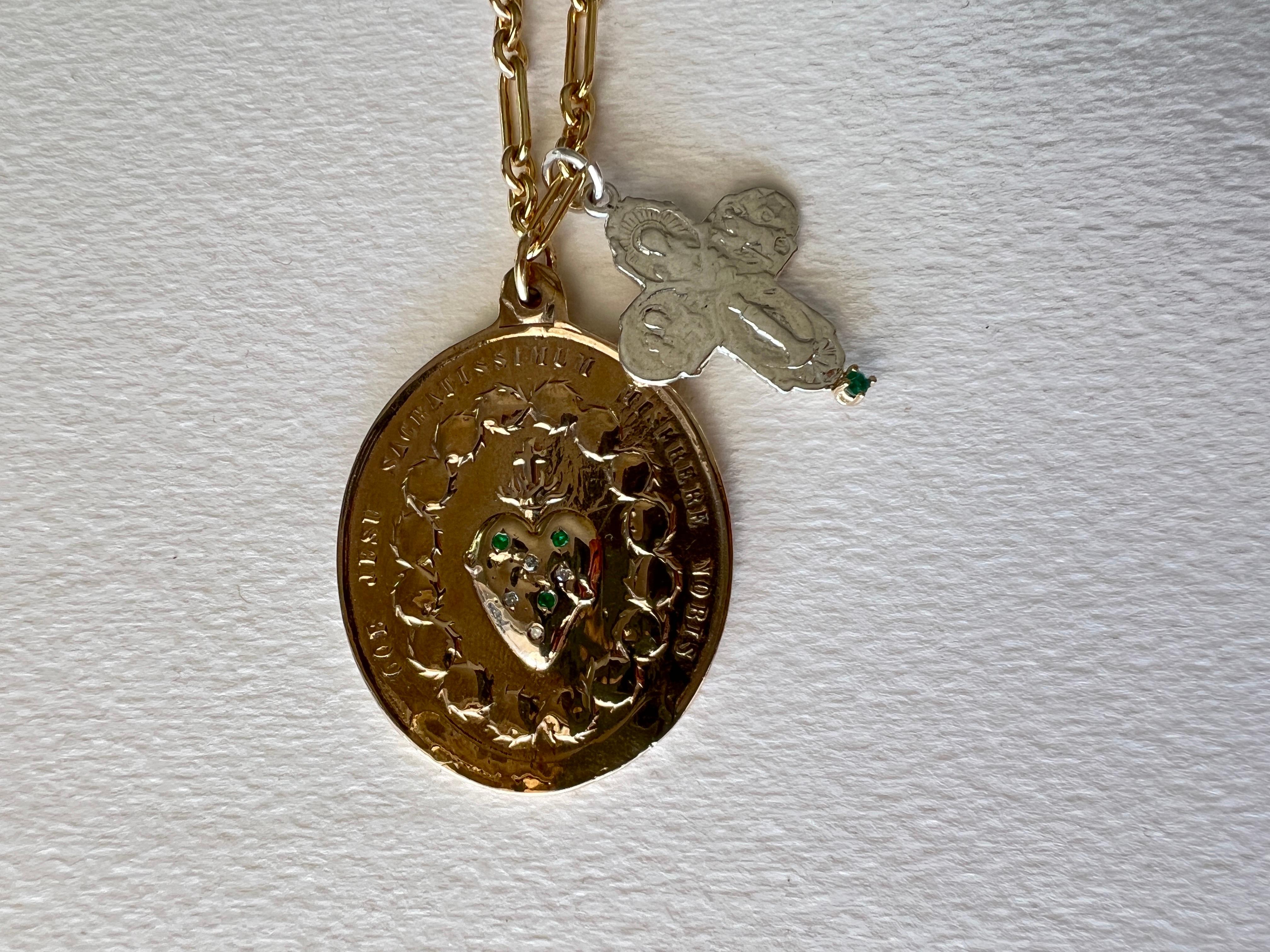 Halskette, Smaragd, weißer Diamant, Medaille, Heiliges Herz, Kreuz  im Angebot 1