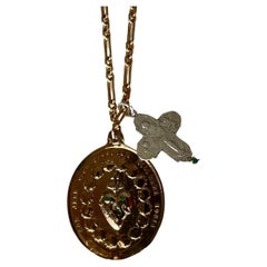 Emerald White Diamond Medal Sacred Heart Cross Chain Necklace 