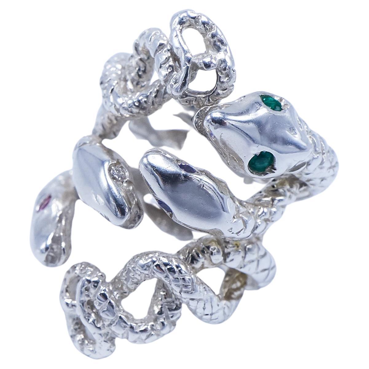 Contemporary Emerald White Diamond Pink Sapphire Tanzanite Snake Ring Silver For Sale