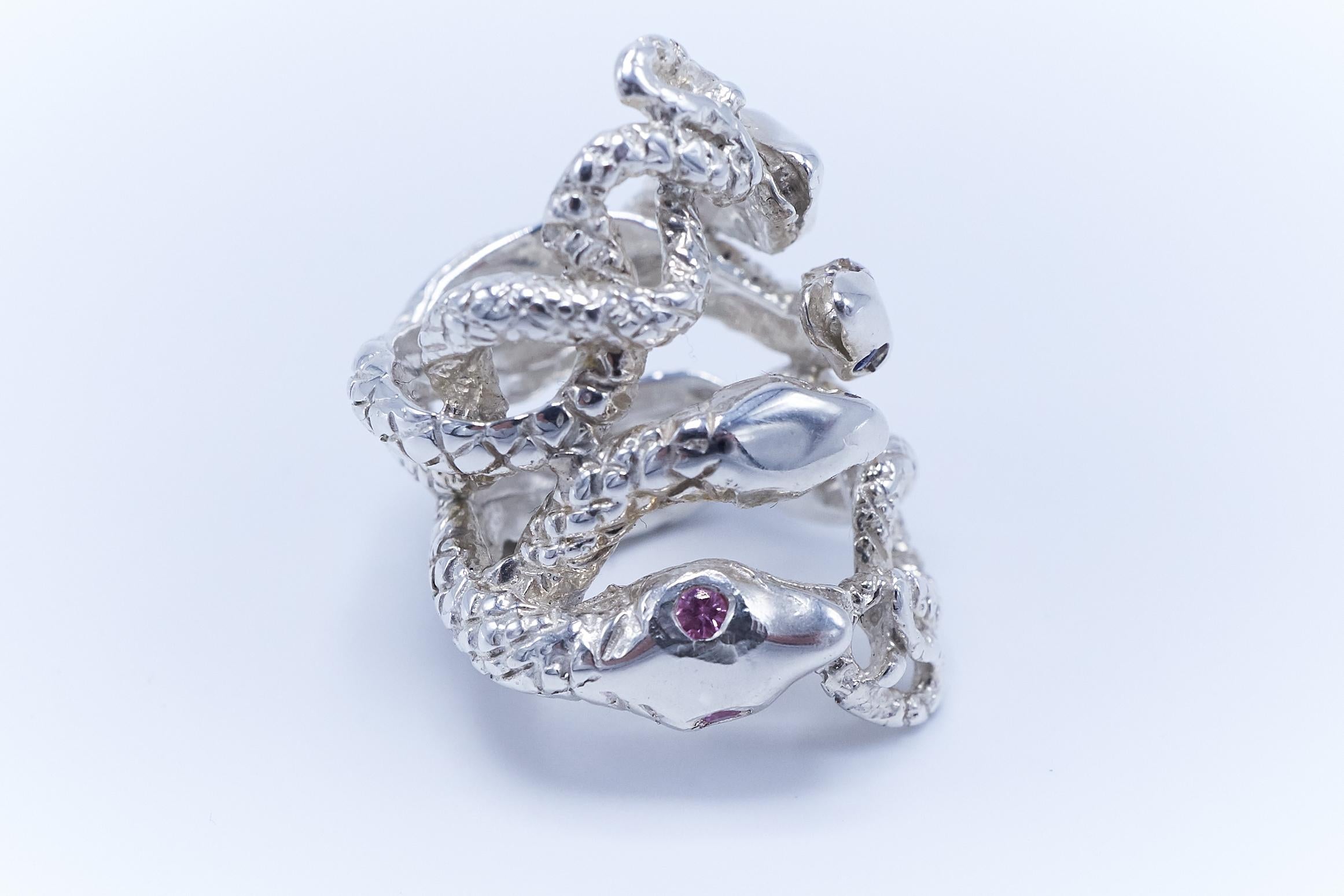 Women's Emerald White Diamond Pink Sapphire Tanzanite Snake Silver Ring J Dauphin For Sale
