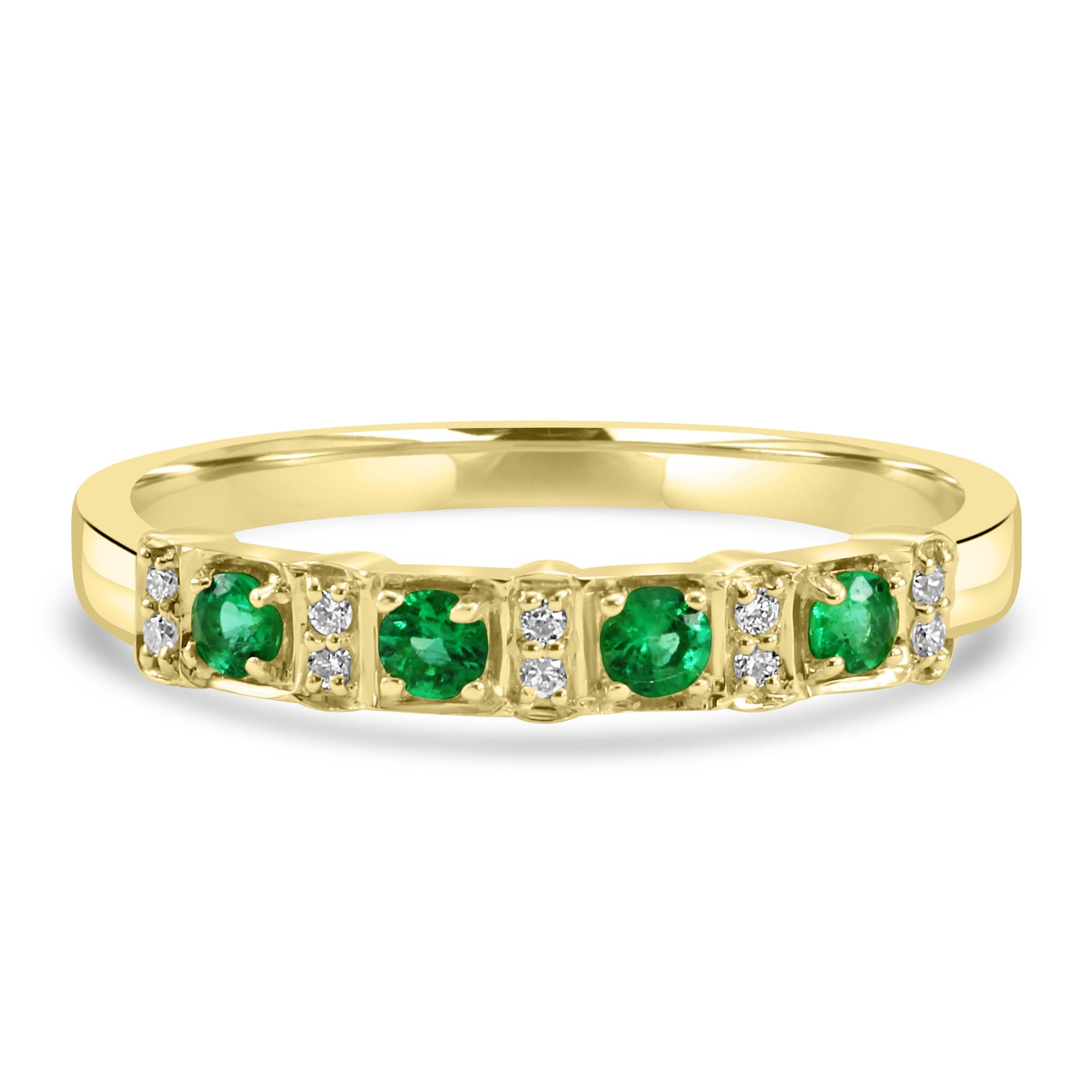 For Sale:  Emerald White Diamond Round 18K Yellow Gold 14 Stone Engagement Band Ring  7