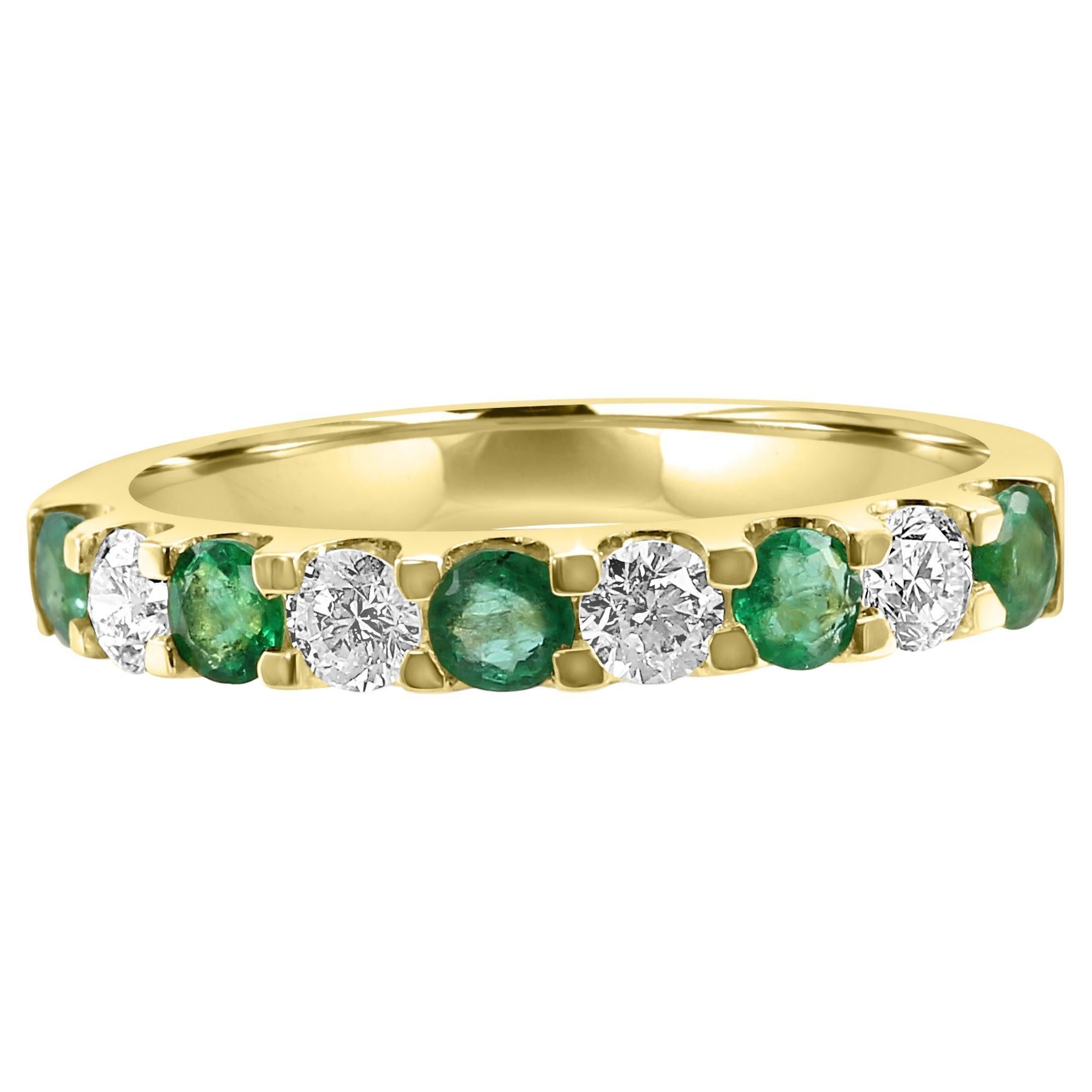 Emerald White Diamond Round 18K Yellow Gold 9 Stone Fashion Engagement Band Ring
