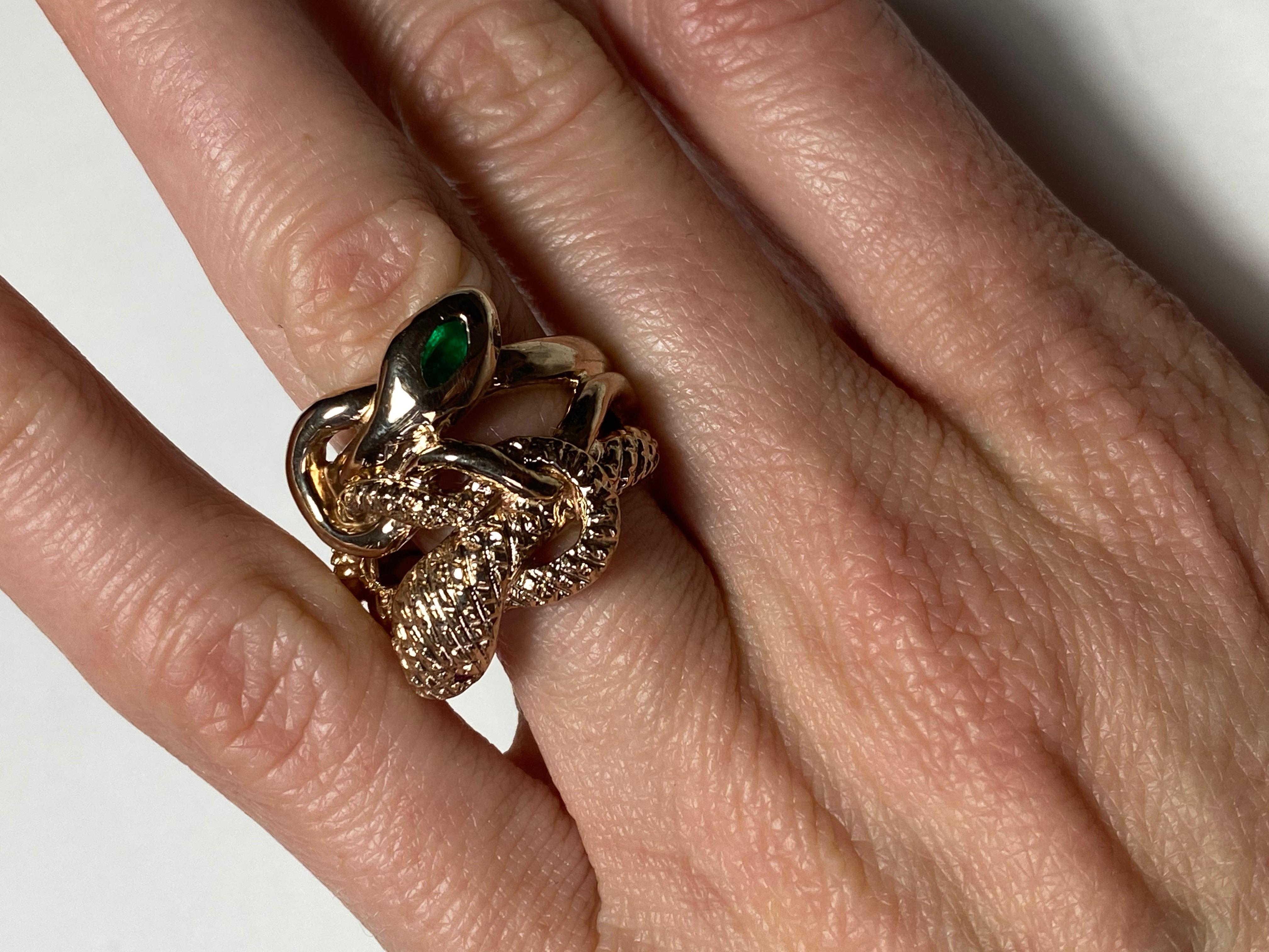 Brilliant Cut Emerald White Diamond Snake Ring Ruby Victorian Style Bronze J Dauphin For Sale