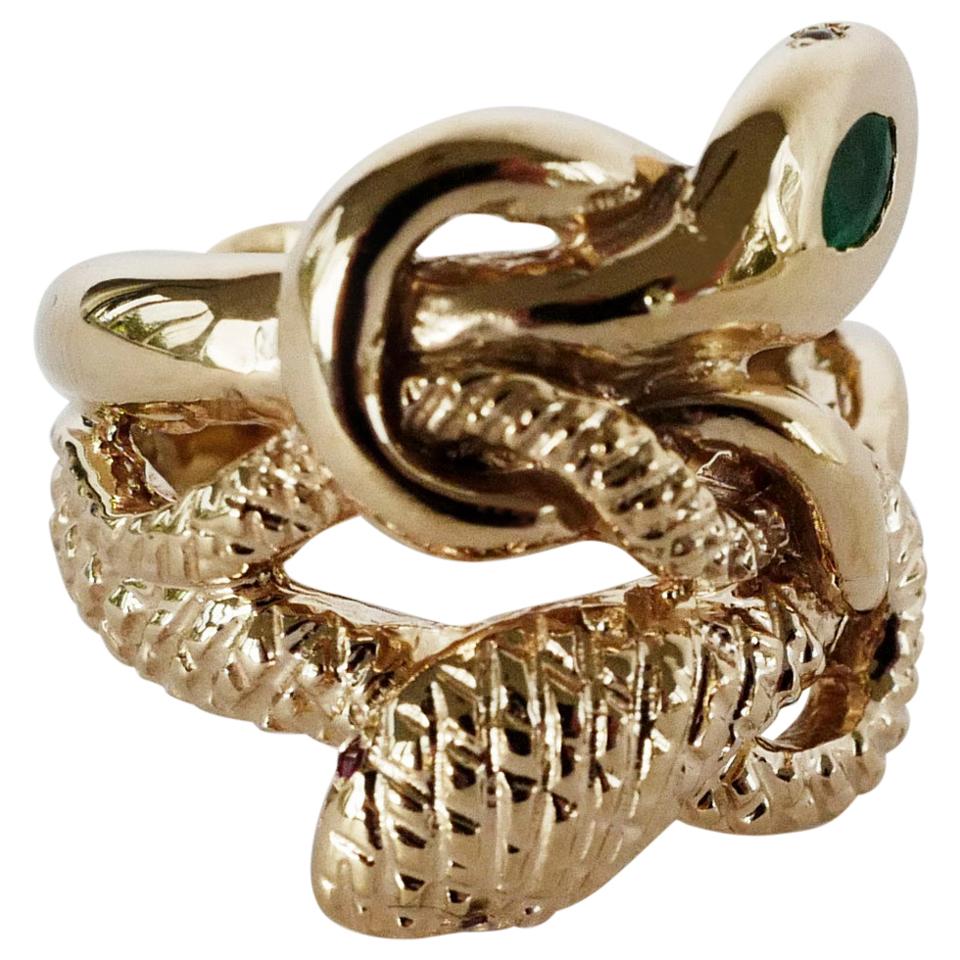 Smaragd, weißer Diamant, Schlangenring, Rubin, viktorianischer Stil, Bronze J Dauphin