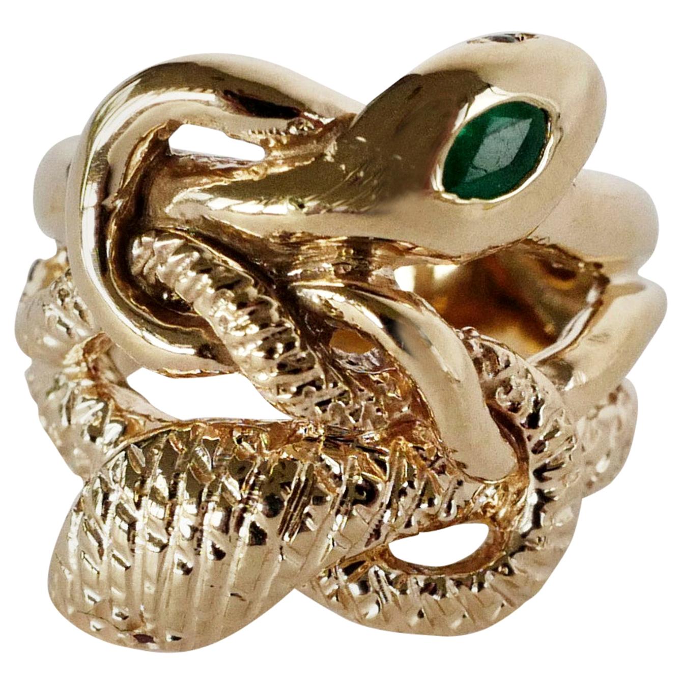 Bague cocktail en forme de serpent en or avec émeraude et diamant blanc de style victorien J Dauphin