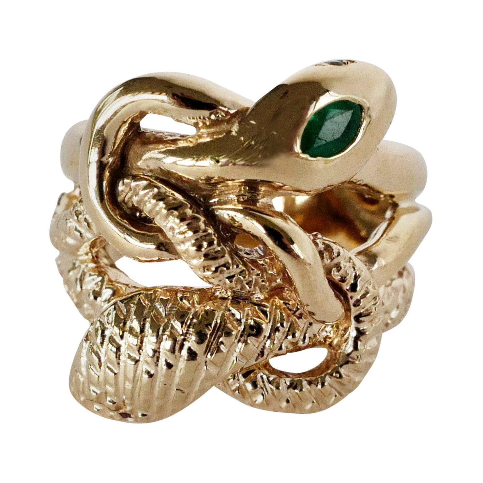 J Dauphin Bague serpent en émeraude, diamant blanc et diamant yeux d'animal rubis