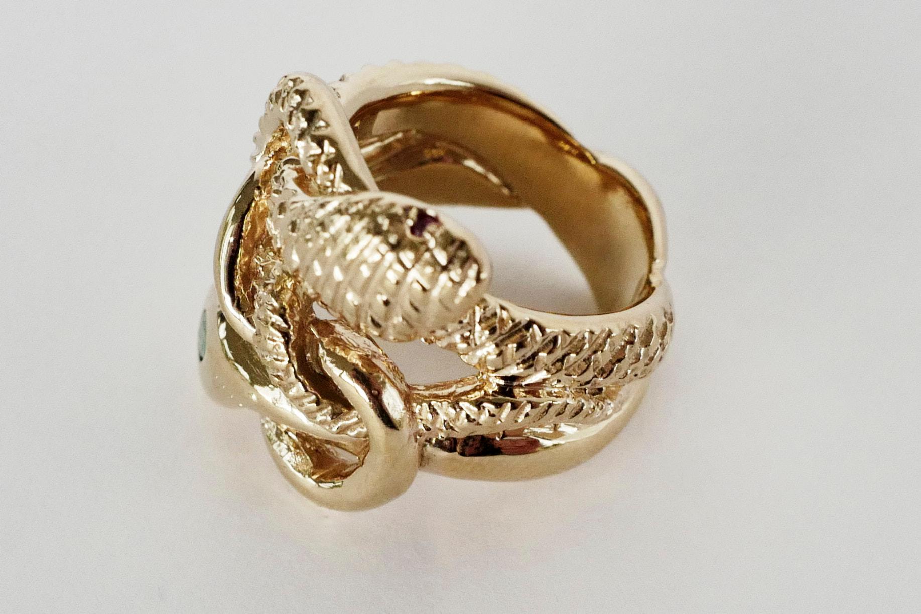 Emerald White Diamond Snake Ring Ruby Eyes Bronze Victorian Style J Dauphin For Sale 1