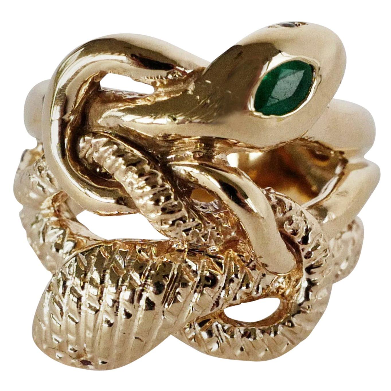 Emerald White Diamond Snake Ring Ruby Eyes Bronze Victorian Style J Dauphin For Sale