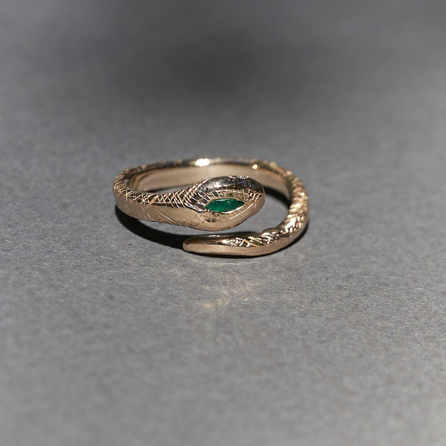 Brilliant Cut Emerald White Diamond Snake Ring Victorian Style Bronze J Dauphin