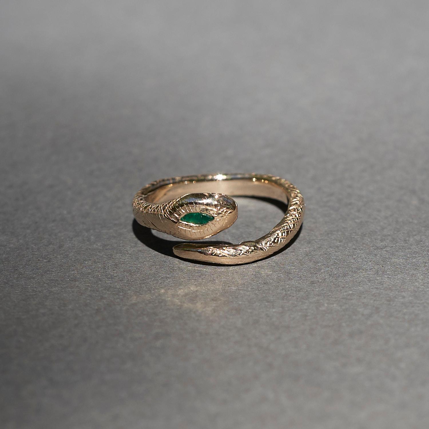 Emerald White Diamond Snake Ring Victorian Style Bronze J Dauphin In New Condition In Los Angeles, CA