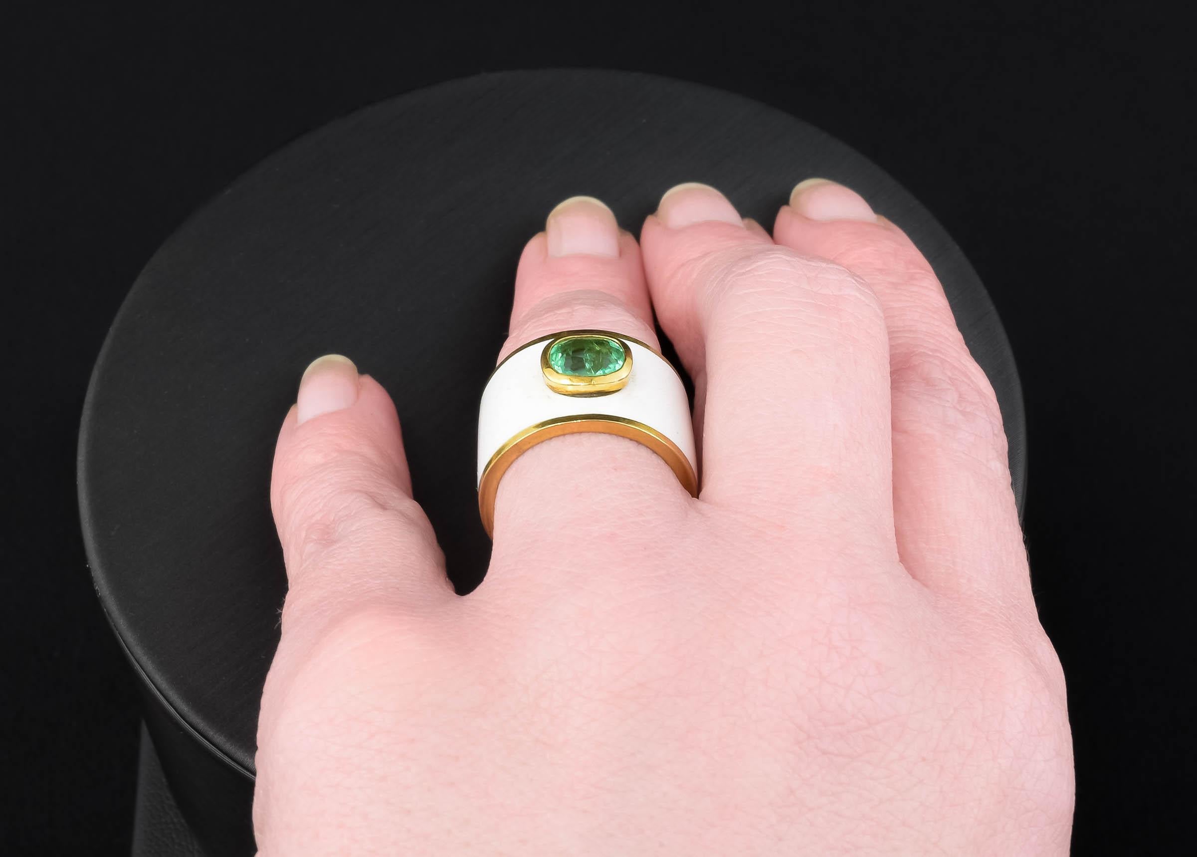 Emerald & White Enamel Wide Gold Band Ring For Sale 6