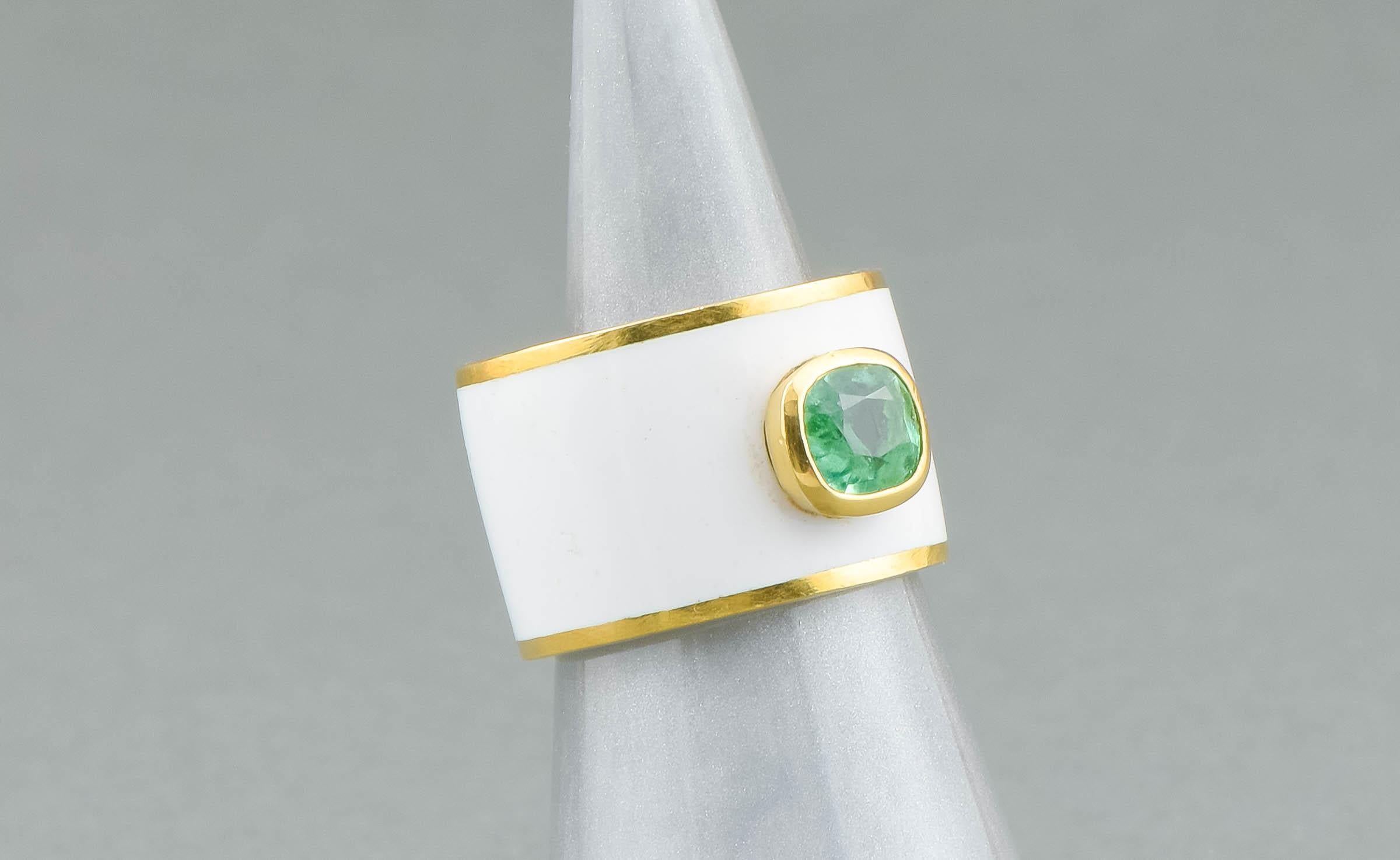 Contemporary Emerald & White Enamel Wide Gold Band Ring For Sale