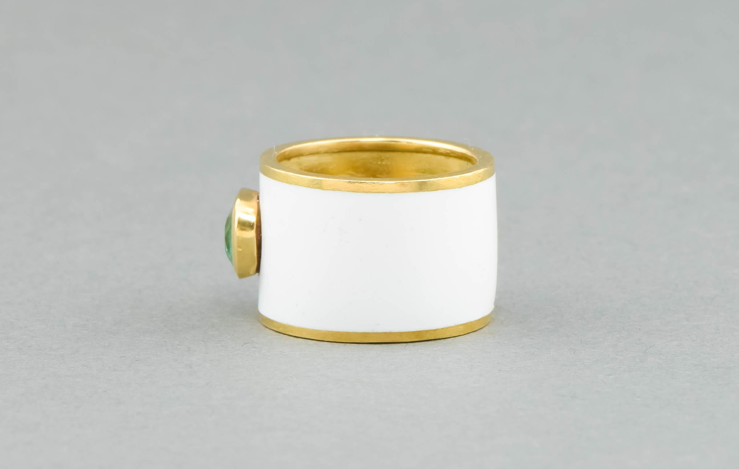 Women's Emerald & White Enamel Wide Gold Band Ring For Sale