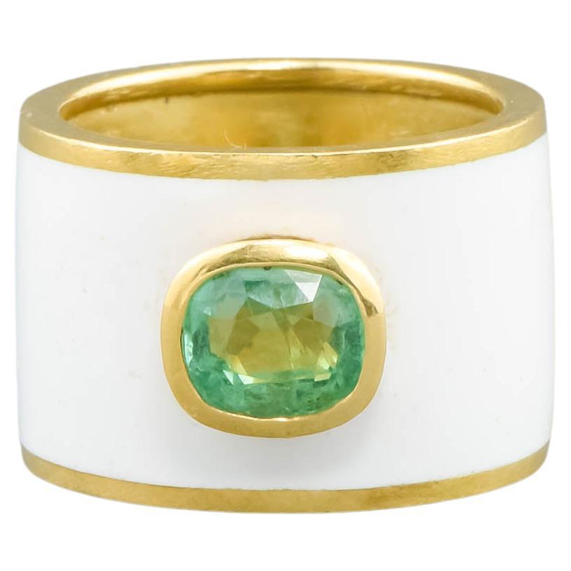 Emerald & White Enamel Wide Gold Band Ring For Sale