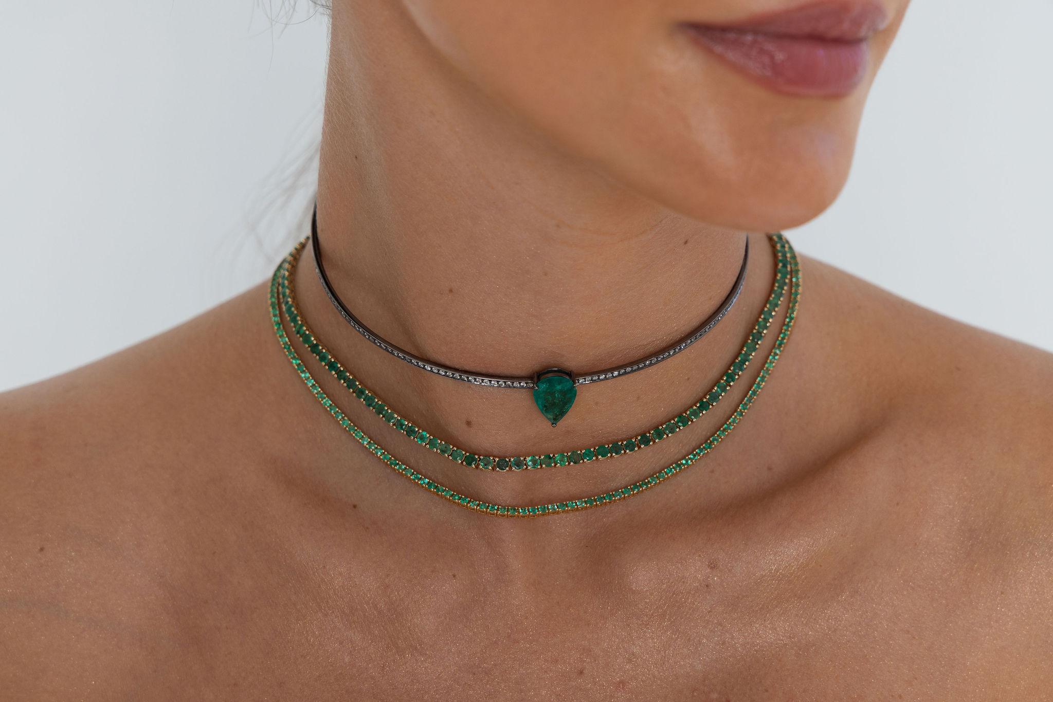 Emerald Cut Emerald White Gold Rhodium Chocker For Sale