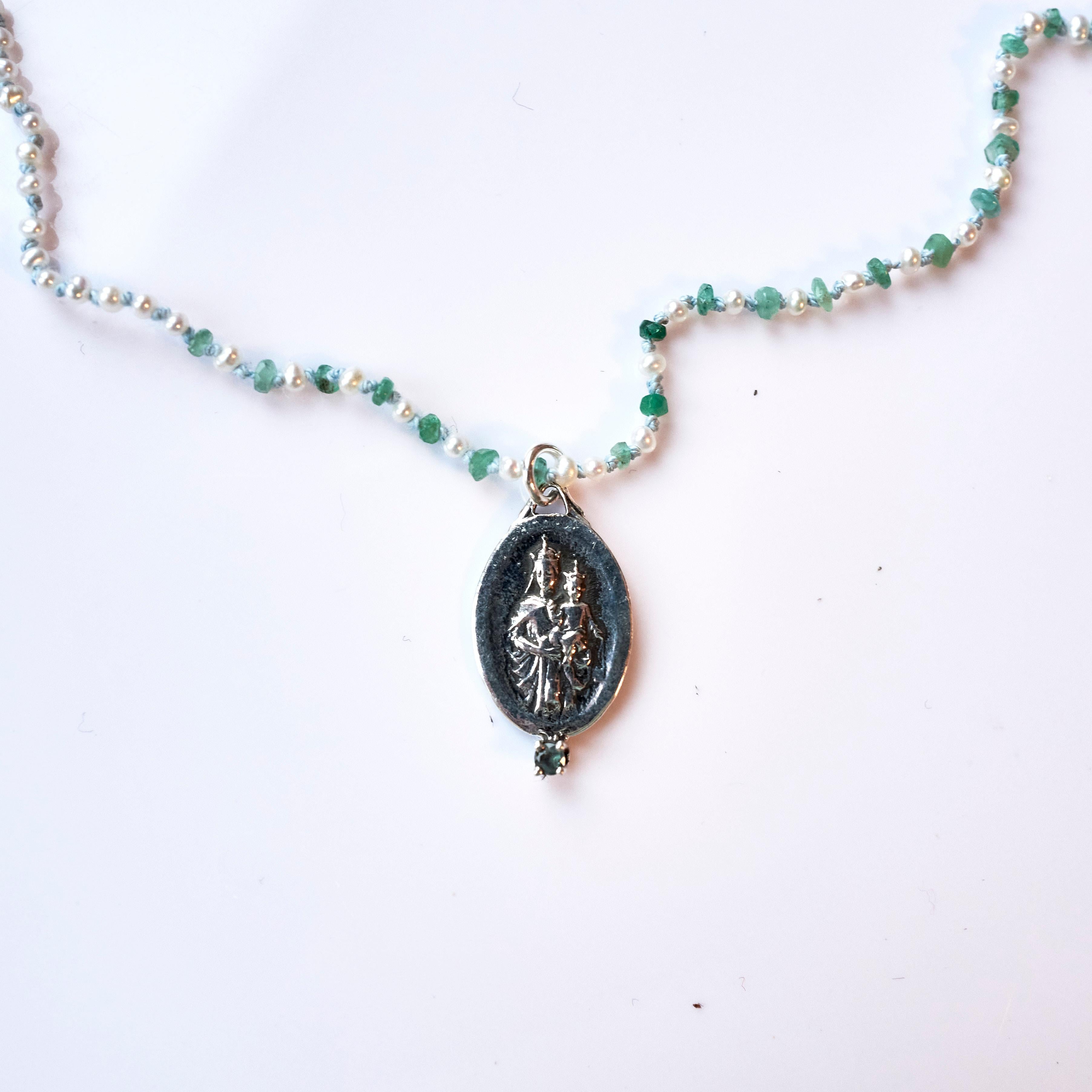 Emerald Cut Emerald White Pearl French Silver Spiritual Medal Pendant Chain Necklace For Sale