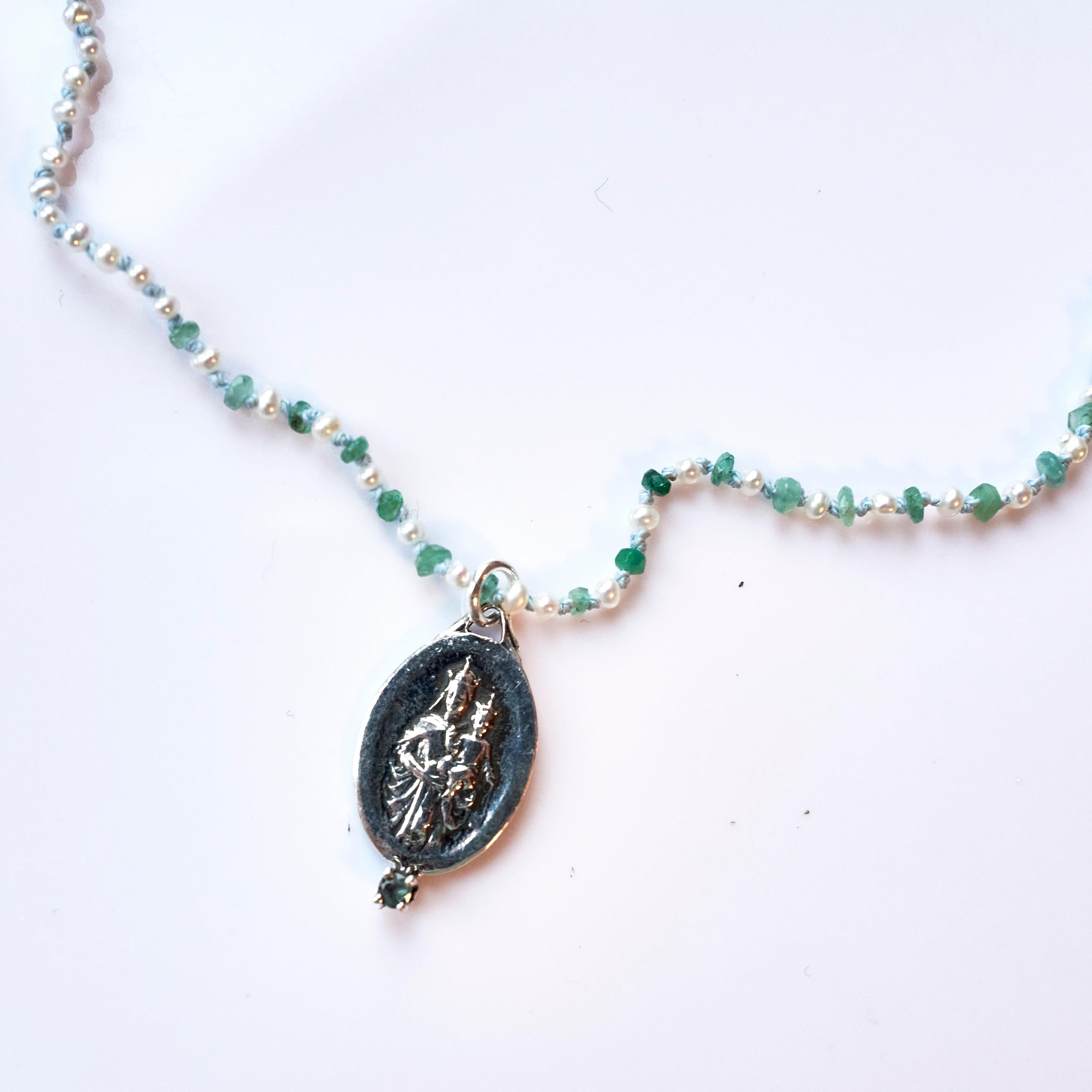 Emerald White Pearl French Silver Spiritual Medal Pendant Chain Necklace In New Condition For Sale In Los Angeles, CA