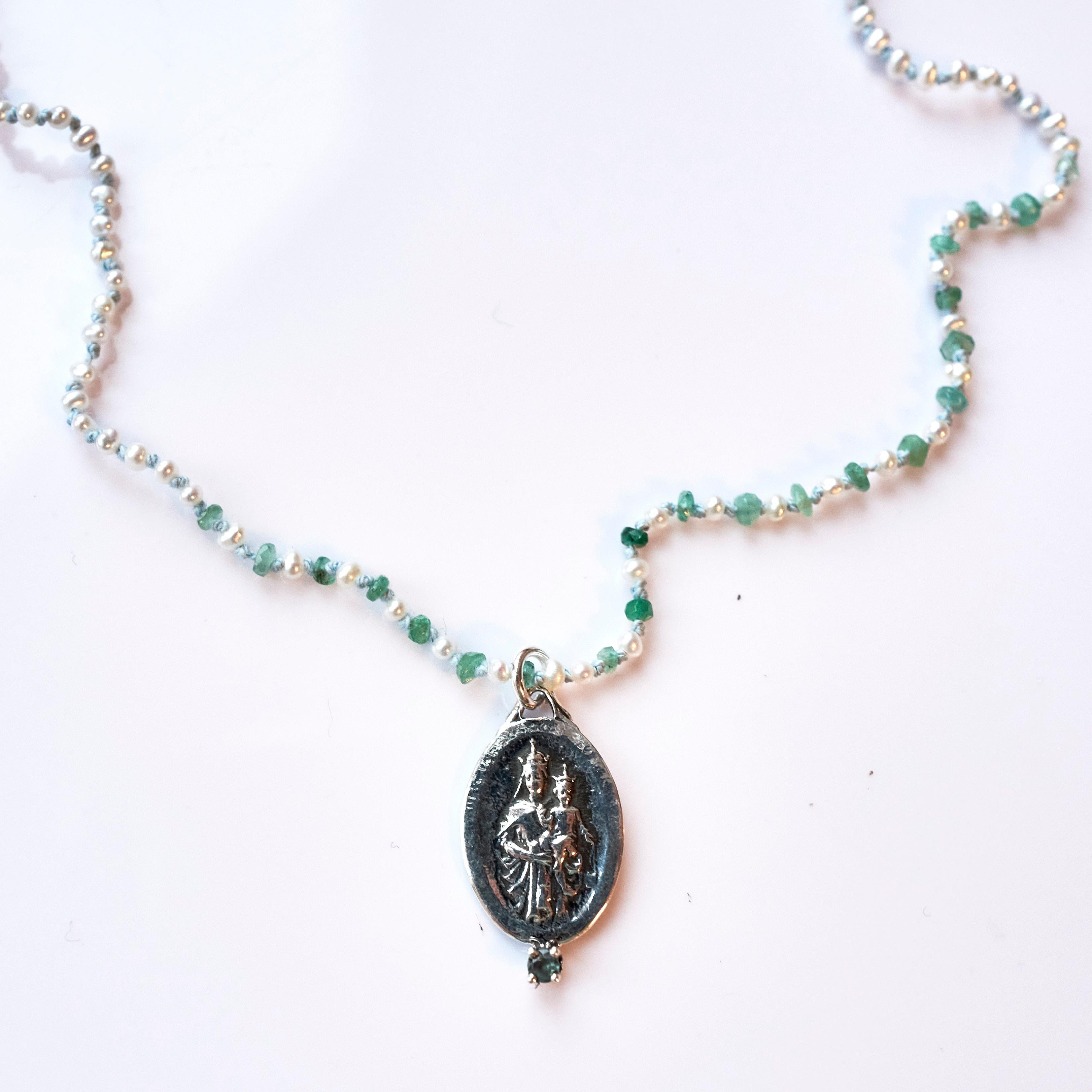 Emerald White Pearl French Silver Spiritual Medal Pendant Chain Necklace For Sale 2