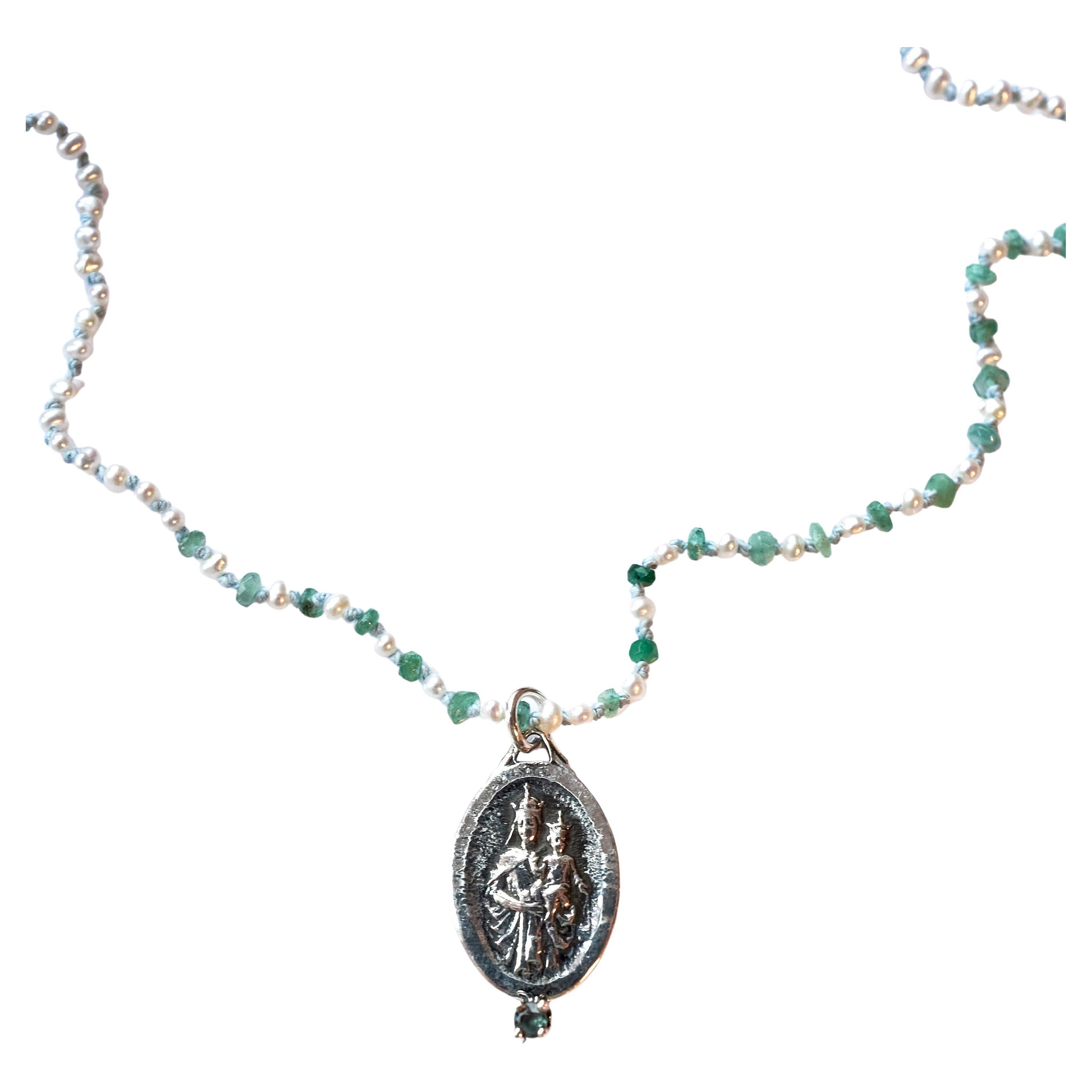 Emerald White Pearl French Silver Spiritual Medal Pendant Chain Necklace For Sale
