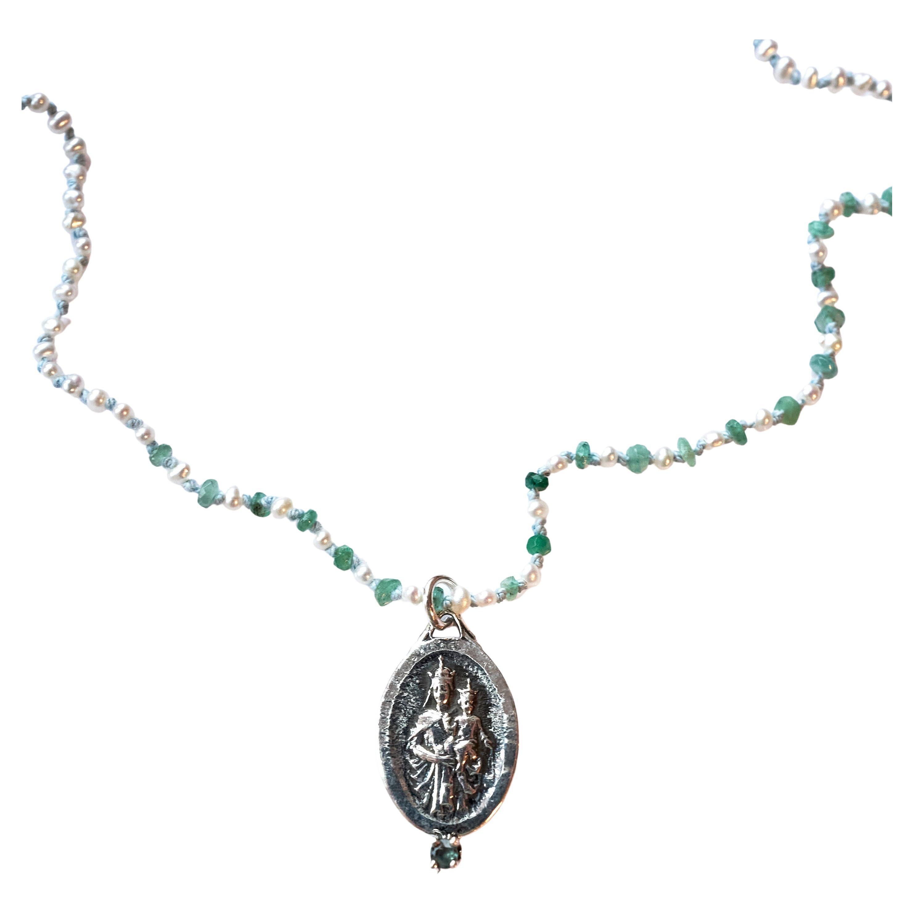Emerald White Pearl Spiritual Medal Pendant Necklace