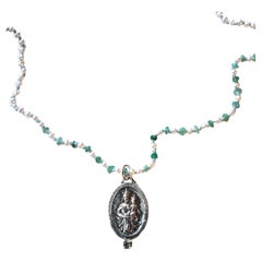 Emerald White Pearl French Silver Spiritual Medal Pendant Chain Necklace