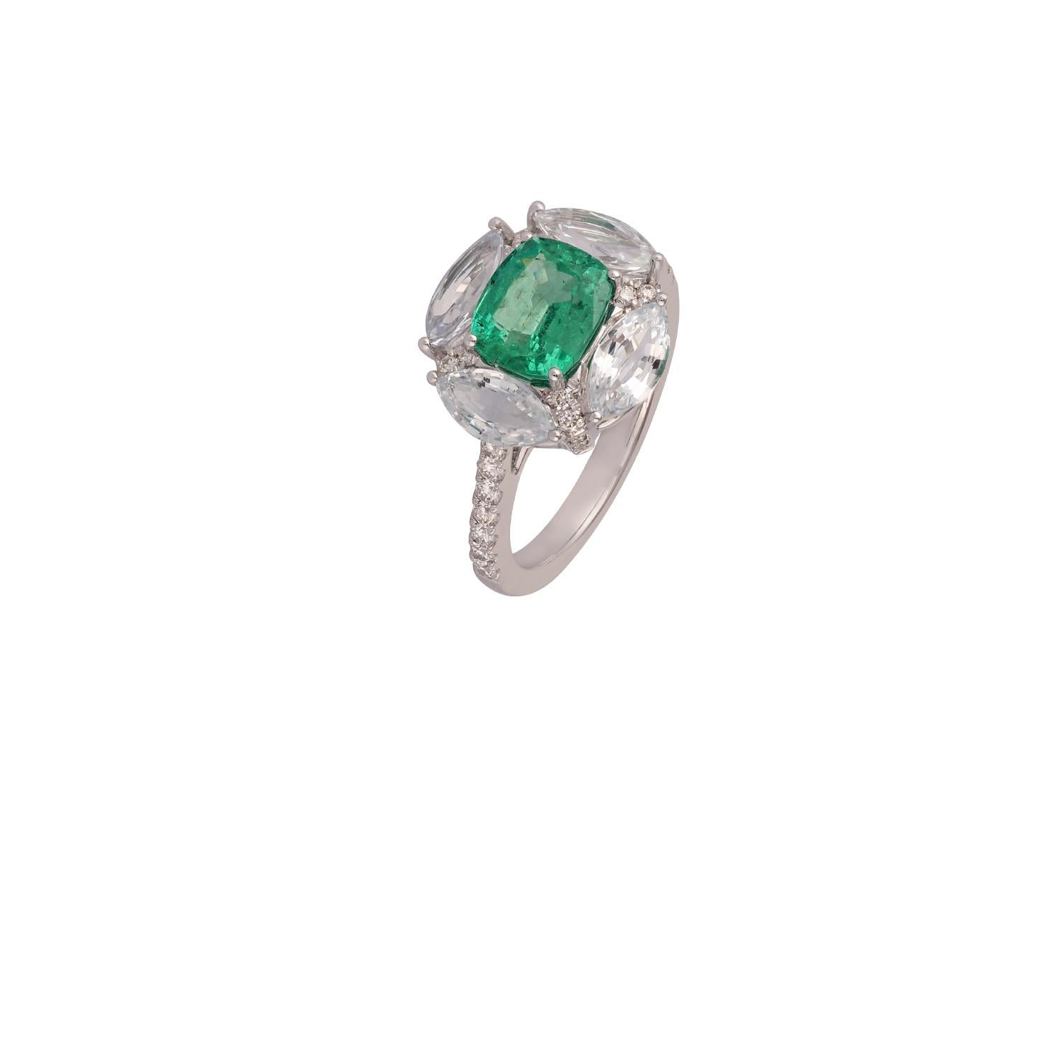 Contemporary Emerald White Sapphire Diamond Ring in 18 Kt White Gold