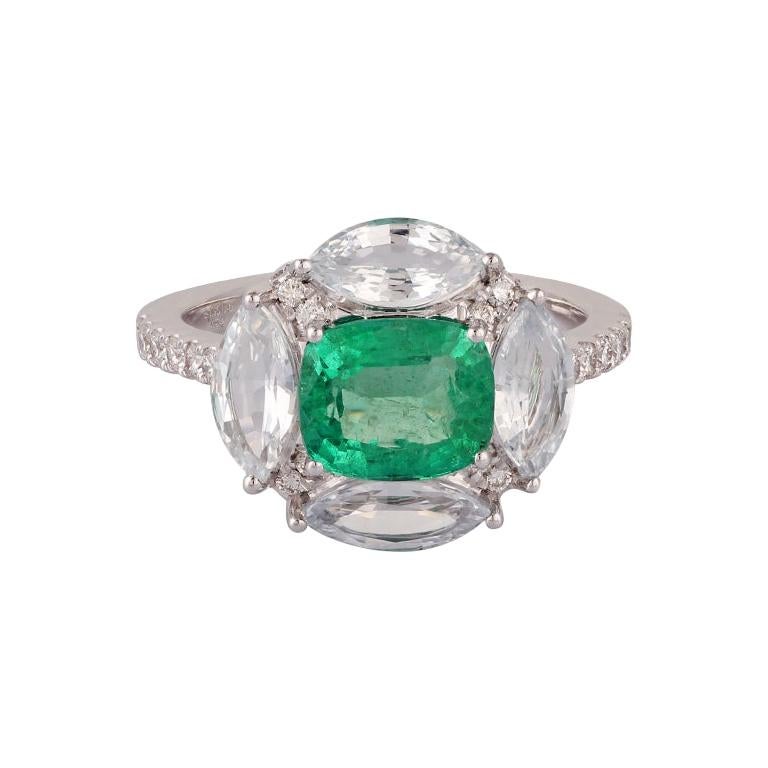 Emerald White Sapphire Diamond Ring in 18 Kt White Gold