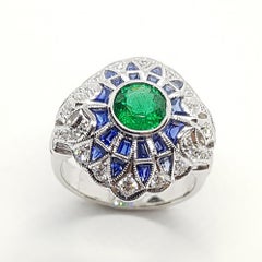 Emerald with Blue Sapphire and Diamond Ring Set in 18 Karat White Gold Settings