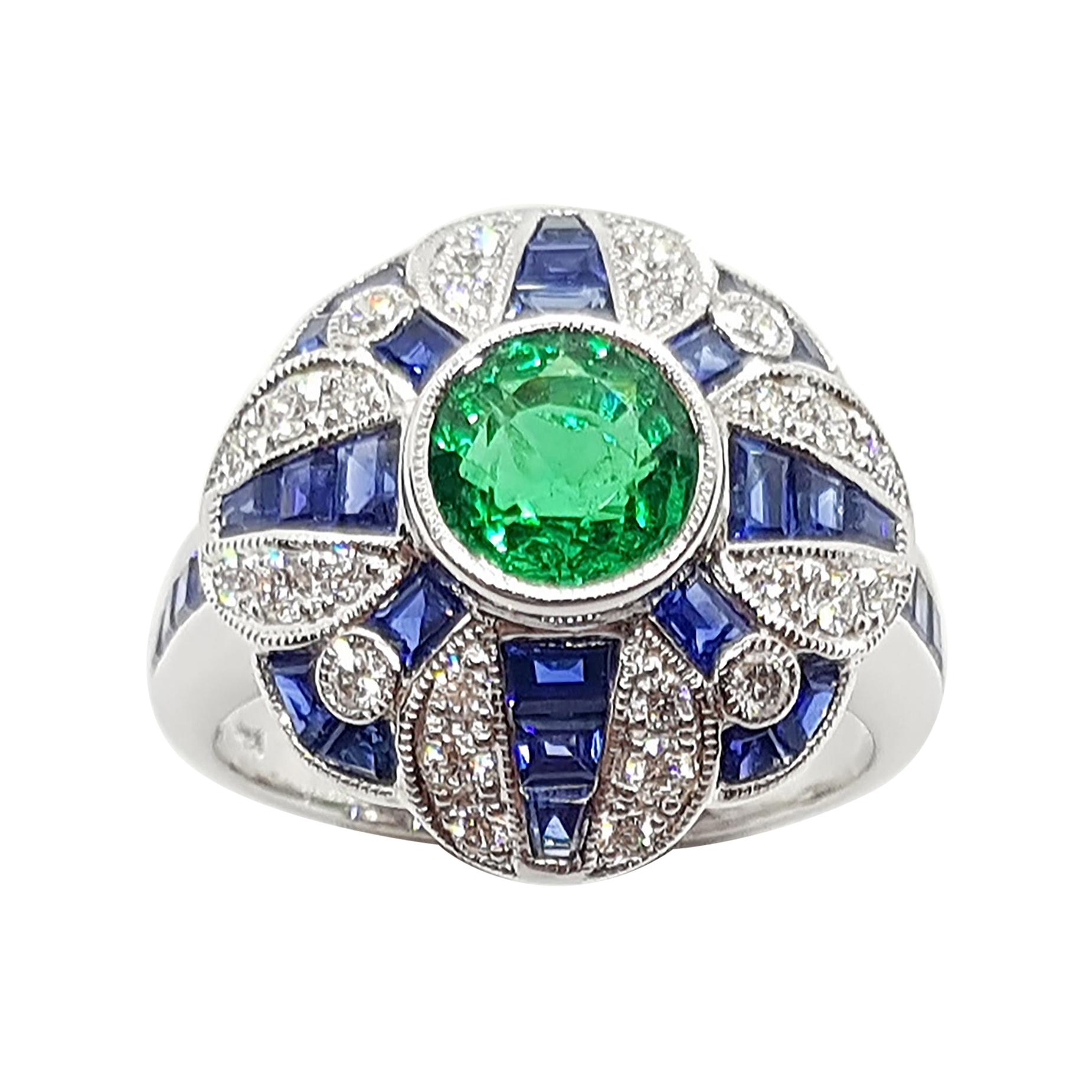 Emerald with Blue Sapphire and Diamond Ring Set in 18 Karat White Gold Settings For Sale