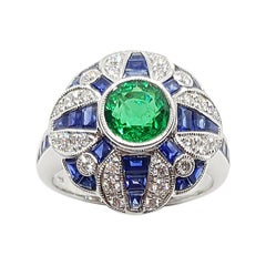 Emerald with Blue Sapphire and Diamond Ring Set in 18 Karat White Gold Settings