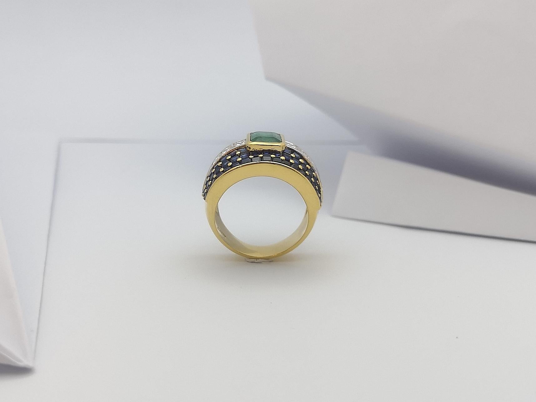 Emerald with Blue Sapphire with Diamond Ring Set in 18 Karat Gold Settings For Sale 9