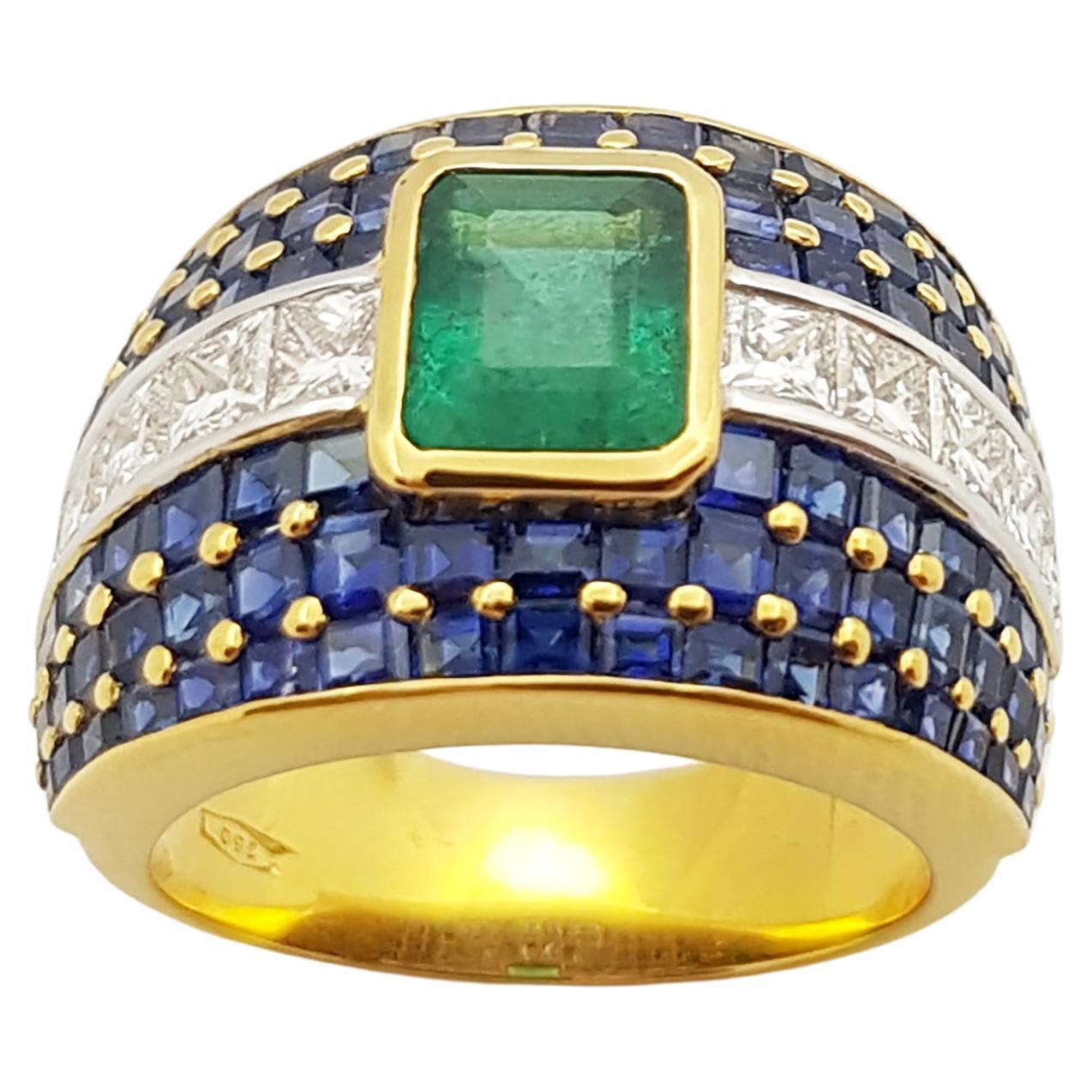 Emerald with Blue Sapphire with Diamond Ring Set in 18 Karat Gold Settings For Sale