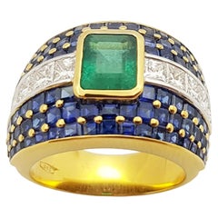 Emerald with Blue Sapphire with Diamond Ring Set in 18 Karat Gold Settings