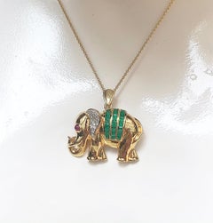 Emerald with Diamond and Cabochon Ruby Brooch/Pendant Set in 18 Karat Gold