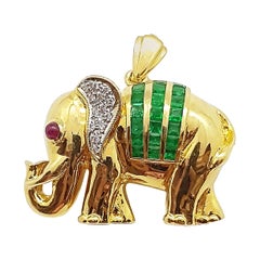 Emerald with Diamond and Cabochon Ruby Brooch/Pendant Set in 18 Karat Gold